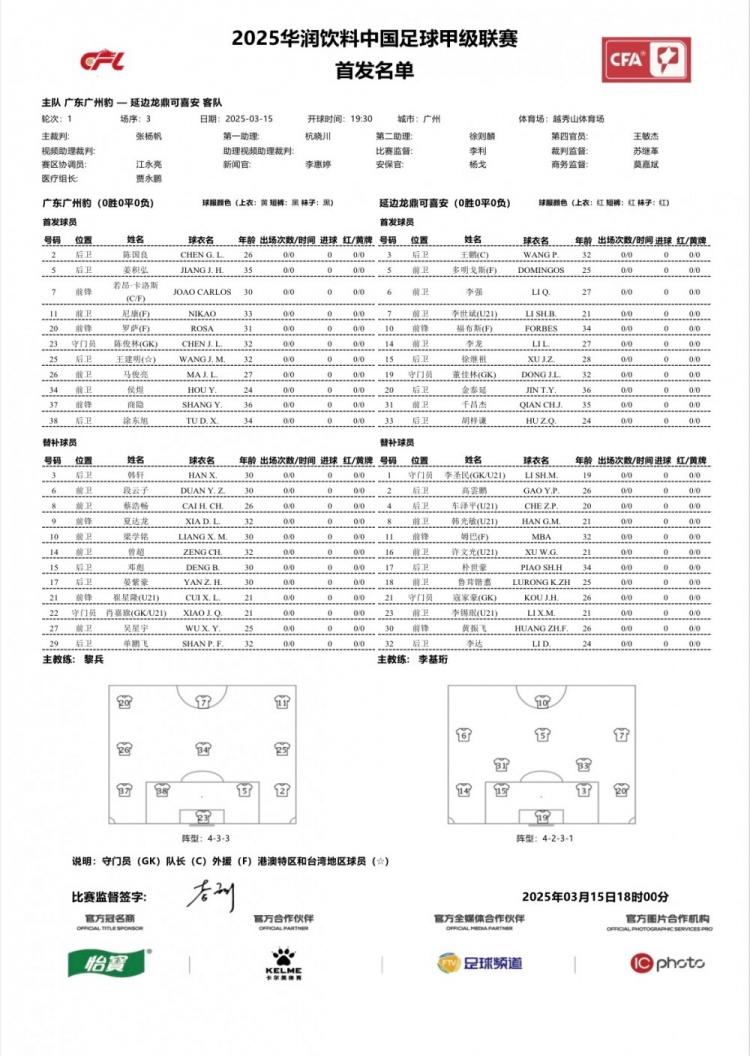 廣州豹vs延邊龍鼎首發(fā)：卡洛斯、羅薩、尼康三外援領(lǐng)銜廣州豹
