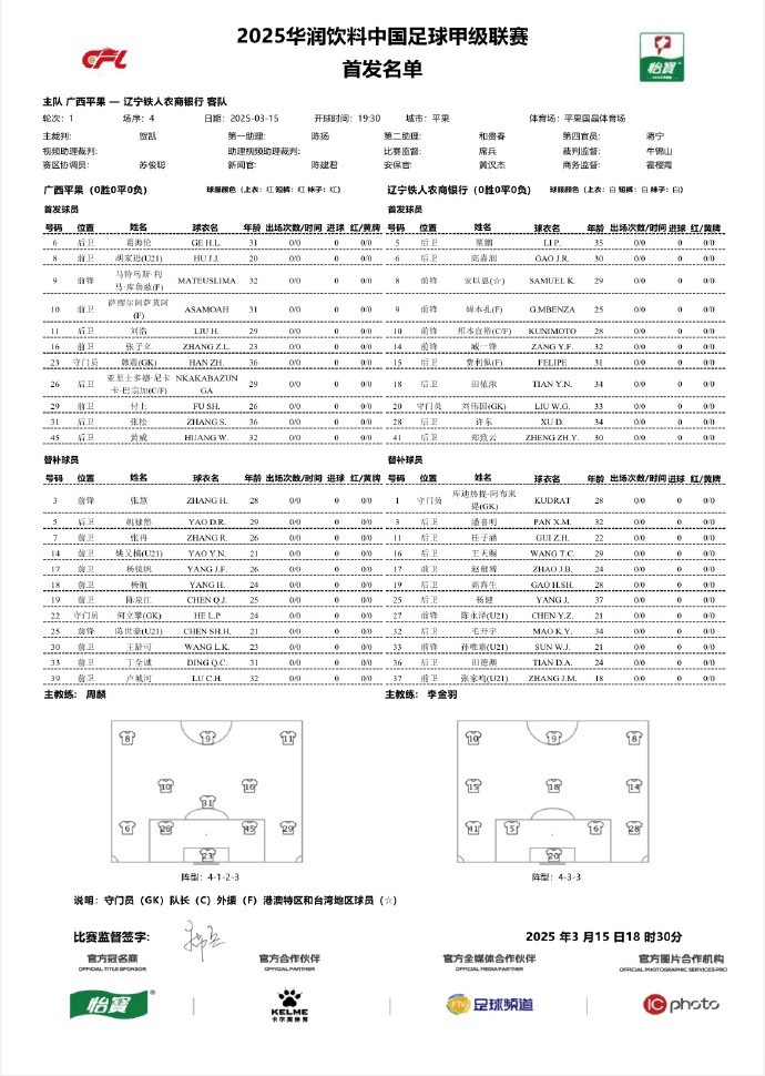 中甲-廣西平果vs遼寧鐵人首發(fā)：三外援對決三外援，安以恩出戰(zhàn)