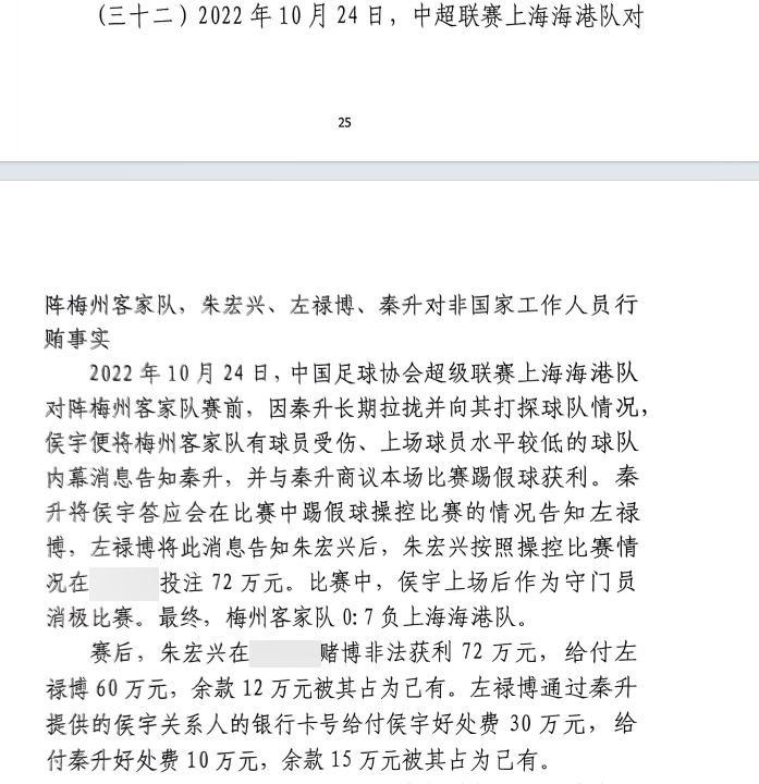 網(wǎng)傳判決書：梅州0-7海港，梅州守門員侯宇收30萬好處費消極比賽